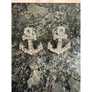 Anchor-Shaped Rhinestone Silver Toned Stud Earrings Nautical